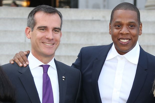 Jay Z, Eric Garcetti outside Los Angeles City hall