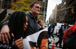 NEW YORK, NY - OCTOBER 24: Director Quentin Tarantino attends a protest to denounce police brutality in Manhattan October 24, 2015 in New York City. The rally is part of a three-day demonstration against officer-involved abuse and killing. (Photo by Kena Betancur/Getty Images)