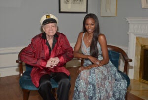 "LOS ANGELES, CA - MAY 11: Playboy Founder and Editor-In-Chief Hugh M. Hefner poses with 2016 Playmate of the Year Eugena Washington at Playboy's 2016 Playmate of the Year Announcement at the Playboy Mansion on May 11, 2016 in Los Angeles, California. (Photo by Charley Gallay/Getty Images for Playboy)"