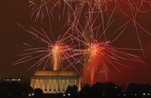 WASHINGTON, DC - JULY 04: Fireworks explode over the National Mall to mark the United States' Independence Day July 4, 2015 in Washington, DC. The pyrotechnic display celebrated the 239th anniversary of the United States' declaration of independence from England. (Photo by Chip Somodevilla/Getty Images)