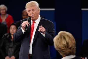 Donald Trump speaks during the presidential town-hall debate with Hillary Clinton at Washington University in St. Louis, Missouri, October 9, 2016.