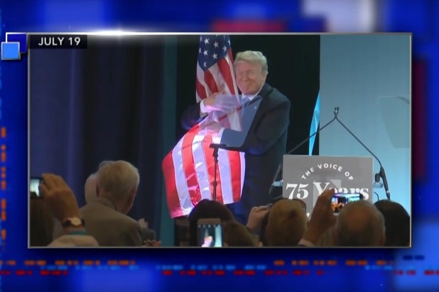 the late show with stephen colbert trump hugging the flag like a weirdo
