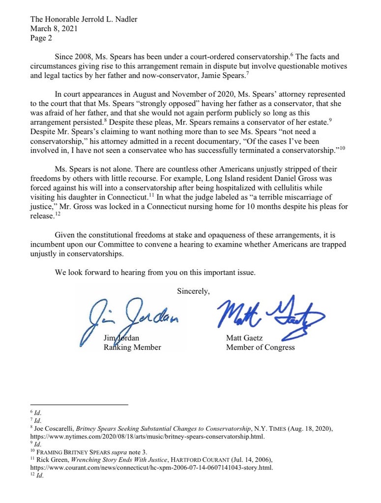 Matt Gaetz, Jim Jordan Britney Spears letter