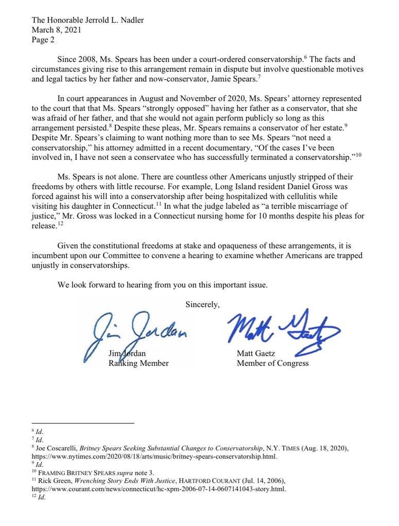 Matt Gaetz, Jim Jordan Britney Spears letter