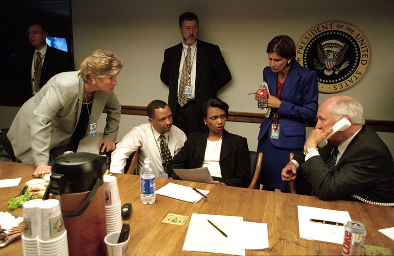 U S Vice President Dick Cheney (R) Speaks To President George W Bush By Phone September