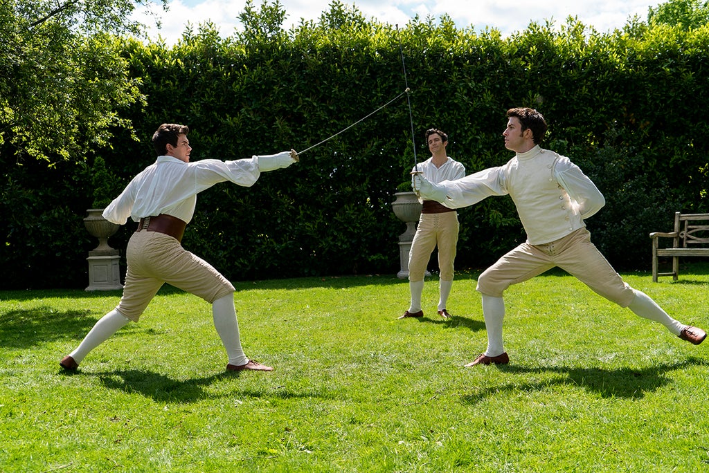 Luke Newton as Colin Bridgerton, Luke Thompson as Benedict Bridgerton, Jonathan Bailey as Anthony Bridgerton in Episode 202 of "Bridgerton" (Liam Daniel/Netflix)