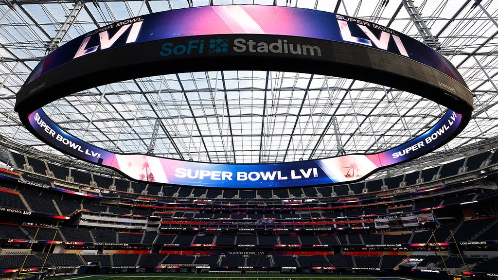 A view of SoFi Stadium as workers prepare for Super Bowl LVI on February 01, 2022 in Inglewood, California. (Photo by Ronald Martinez/Getty Images)