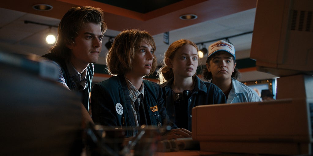 Joe Keery as Steve Harrington, Maya Hawke as Robin Buckley, Sadie Sink as Max Mayfield, and Gaten Matarazzo as Dustin Henderson in "Stranger Things" (Netflix)
