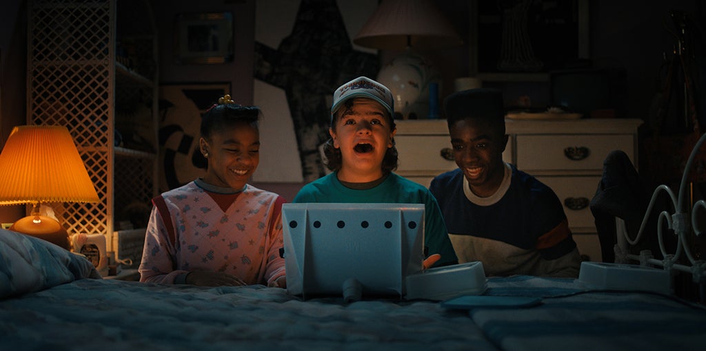 Priah Ferguson as Erica Sinclair, Gaten Matarazzo as Dustin Henderson and Caleb McLaughlin as Lucas Sinclair in "Stranger Things" (Netflix)