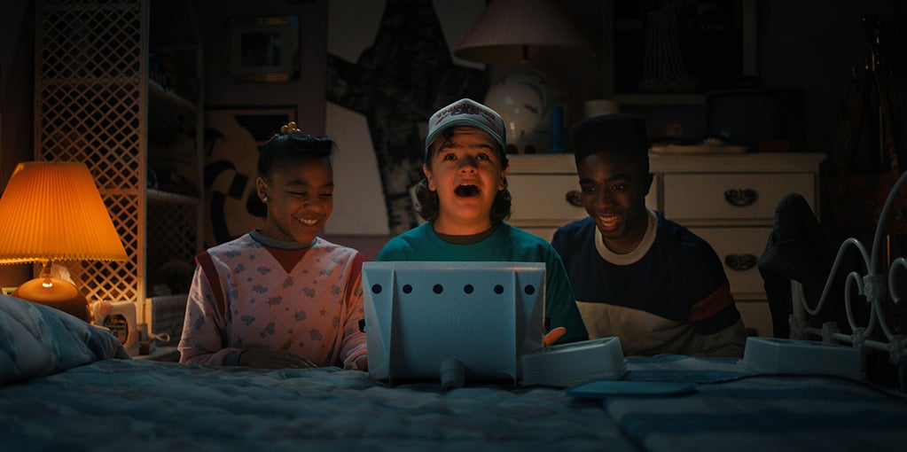 Priah Ferguson as Erica Sinclair, Gaten Matarazzo as Dustin Henderson and Caleb McLaughlin as Lucas Sinclair in "Stranger Things" (Netflix)
