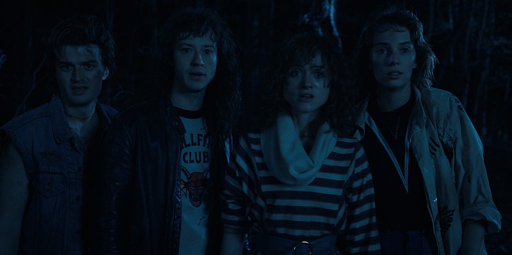 Joe Keery as Steve Harrington, Joseph Quinn as Eddie Munson, Natalia Dyer as Nancy Wheeler, and Maya Hawke as Robin Buckley in "Stranger Things" (Netflix)