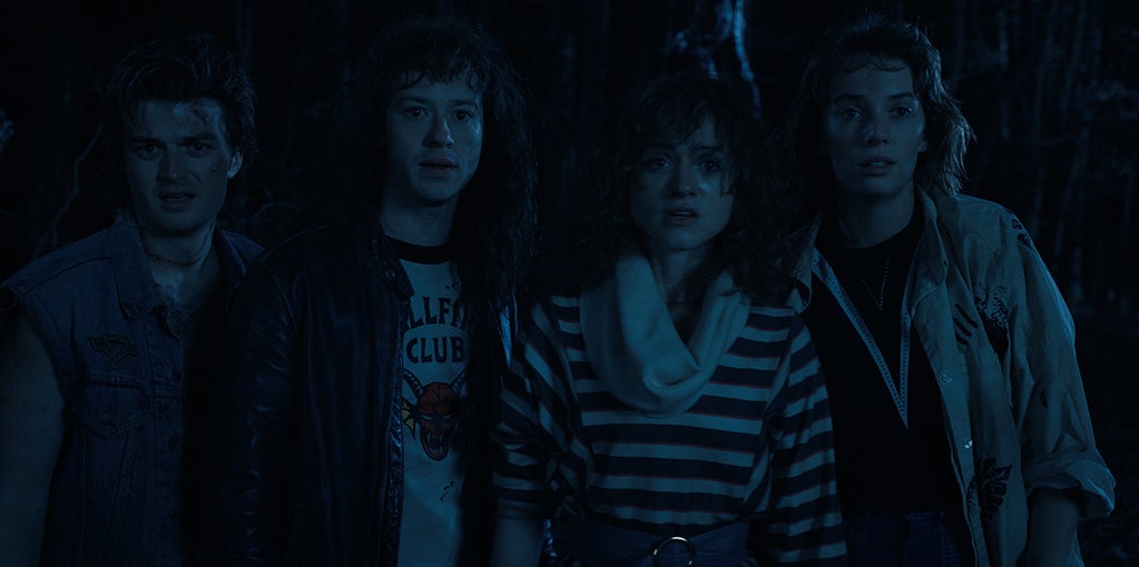 Joe Keery as Steve Harrington, Joseph Quinn as Eddie Munson, Natalia Dyer as Nancy Wheeler, and Maya Hawke as Robin Buckley in "Stranger Things" (Netflix)