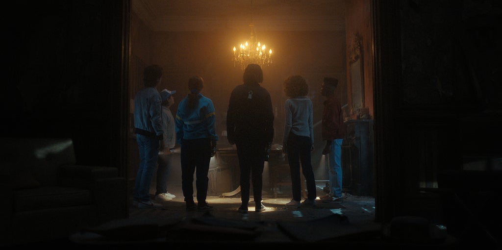 Joe Keery as Steve Harrington, Gaten Matarazzo as Dustin Henderson, Sadie Sink as Max Mayfield, Finn Wolfhard as Mike Wheeler, Natalia Dyer as Nancy Wheeler, and Caleb McLaughlin as Lucas Sinclair in "Stranger Things" (Netflix)