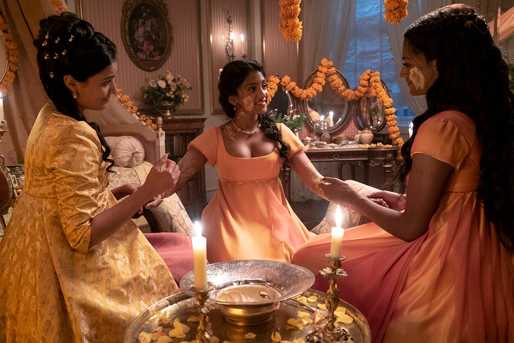 Shelley Conn as Mary Sharma, Charithra Chandran as Edwina Sharma, Simone Ashley as Kate Sharma in episode 206 of "Bridgerton" (Liam Daniel/Netflix)