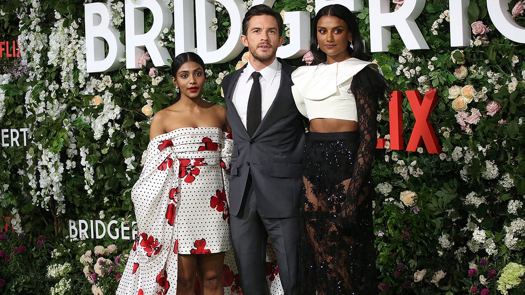 Charithra Chandran, Jonathan Bailey and Simone Ashley attend the "Bridgerton" Series 2 World Premiere at Tate Modern on March 22, 2022 in London, England (Getty Images)