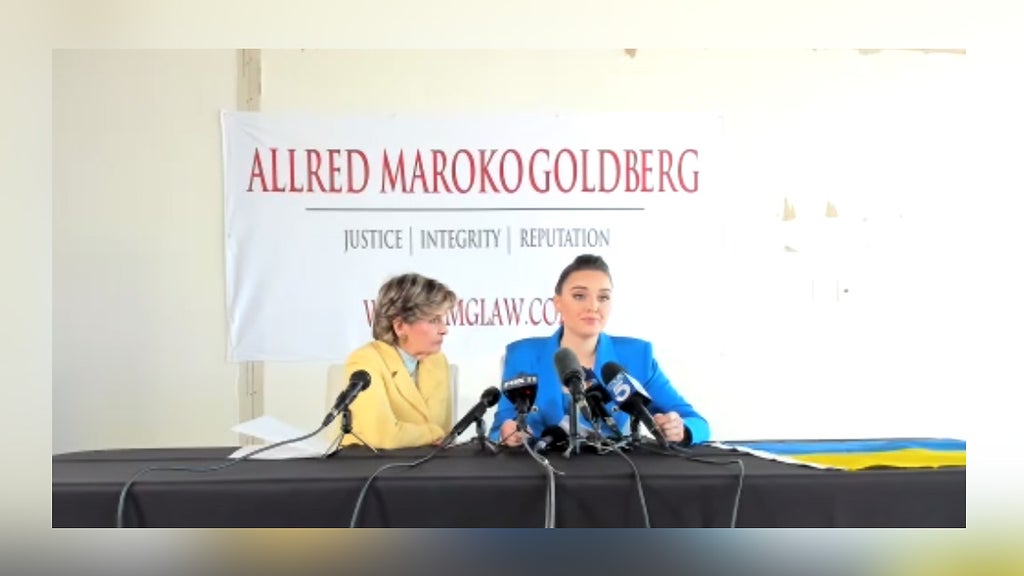Gloria Allred and Miss Ukraine 2018 Veronika Didusenko hold a news conference in Los Angeles on Tuesday, March 8, 2022. (Credit: Facebook)