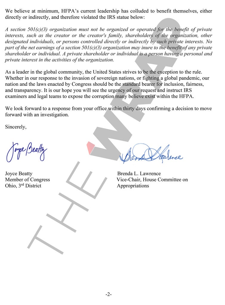 Letter to IRS Commissioner Regarding HFPA