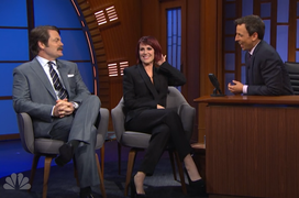 Nick Offerman and Megan Mullally Pop Their Late Night Cherry with Seth Meyers (Video)