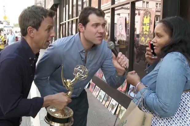 Billy Eichner, Seth Meyers on "The 66th Annual Emmy Awards"