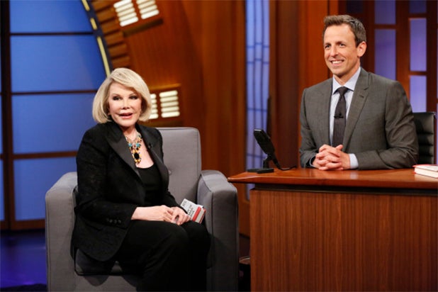 Joan Rivers on The Late Show With Seth Meyers in Aug. 2014 Joan Rivers on The Late Show With Seth Meyers in Aug. 2014