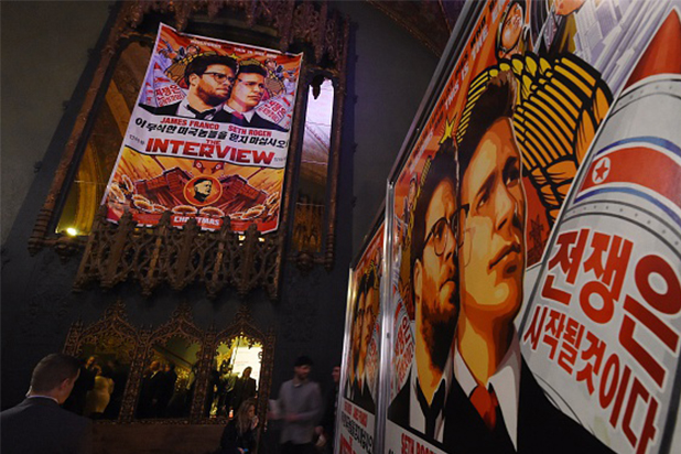 Movie posters for the premiere of the film 'The Interview' at The Theatre at Ace Hotel in Los Angeles, California on December 11, 2014. The film, starring US actors Seth Rogen and James Franco, is a comedy about a CIA plot to assassinate its leader Kim Jong-Un, played by Randall Park. North Korea has vowed 'merciless retaliation' against what it calls a 'wanton act of terror' -- although it has denied involvement in a massive cyber attack on Sony Pictures, the studio behind the film. AFP PHOTO/STR (Photo Credit: Getty Images) Movie posters for the premiere of the film 'The Interview' at The Theatre at Ace Hotel in Los Angeles, California on December 11, 2014. The film, starring US actors Seth Rogen and James Franco, is a comedy about a CIA plot to assassinate its leader Kim Jong-Un, played by Randall Park. North Korea has vowed 'merciless retaliation' against what it calls a 'wanton act of terror' -- although it has denied involvement in a massive cyber attack on Sony Pictures, the studio behind the film. AFP PHOTO/STR (Photo Credit: Getty Images)