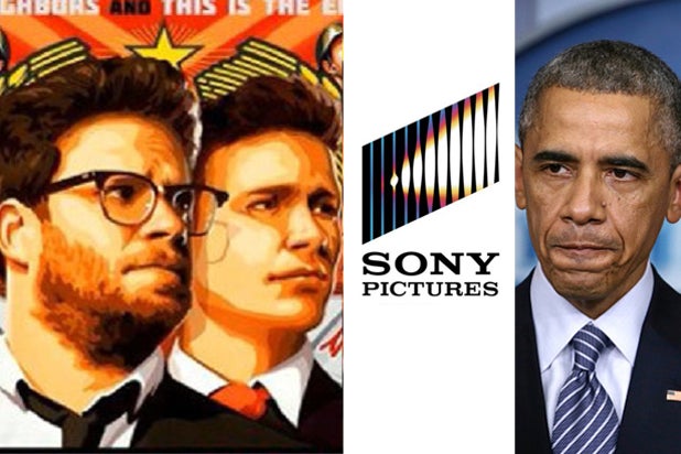The Interview movie poster, Sony logo, President Obama