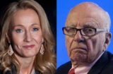British author J.K. Rowling is pictured with News Corp. Chief Rupert Murdoch
