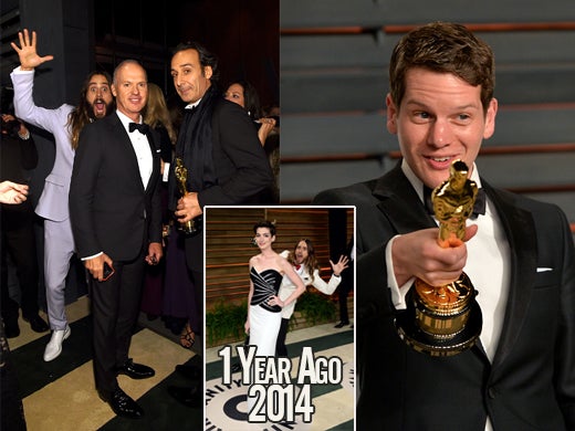 Jared Leto is a recidivist photo-bomber. This year he hits Michael Keaton and "Grand Budapest Hotel" winning composer Alexandre Desplat. At right, breakout Graham Moore bids it a good-night. (Getty Images)