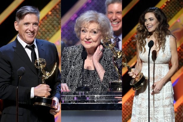 Craig Ferguson, Betty White, Amelia Heinle at "42nd Annual Daytime Emmy Awards"