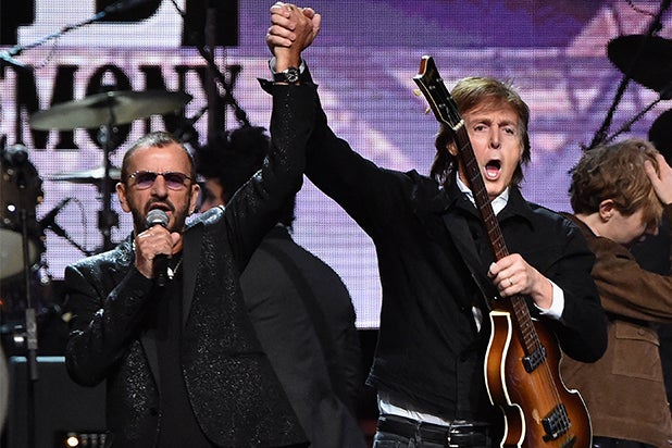 aption:CLEVELAND, OH - APRIL 18: Sir Paul McCartney (L) and inductee Ringo Starr perform onstage during the 30th Annual Rock And Roll Hall Of Fame Induction Ceremony at Public Hall on April 18, 2015 in Cleveland, Ohio. (Photo by Mike Coppola/Getty Images)