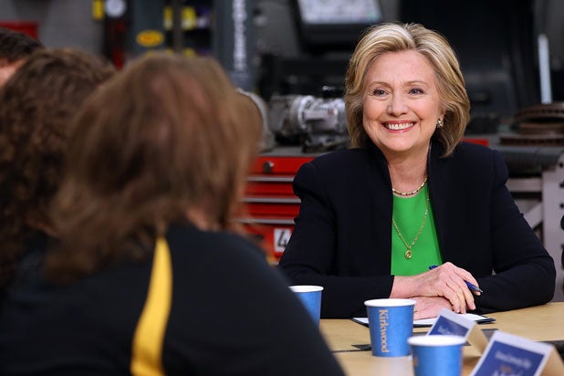 Hillary Clinton speaks with students in Iowa, April 14 (Justin Sullivan/Getty Images)