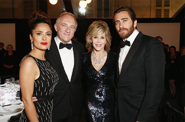 CANNES, FRANCE - MAY 17: L-R Salma Hayek, Francois-Henry Pinault, Jane Fonda and Jake Gyllenhaal attend the Kering Official Cannes Dinner at Place de la Castre on May 17, 2015 in Cannes, France. (Photo by Andreas Rentz/Getty Images)