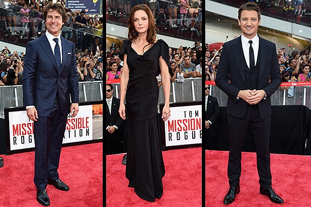NEW YORK, NY - JULY 27: Tom Cruise Rebecca Ferguson Jeremy Renner attends the 'Mission Impossible - Rogue Nation' New York premiere at Duffy Square in Times Square on July 27, 2015 in New York City. (Photo by Jamie McCarthy/Getty Images)