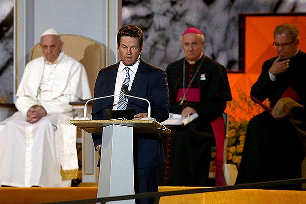 PHILADELPHIA, PA - SEPTEMBER 26: Actor Mark Wahlberg speaks during the Festival of Families on September 26, 2015 in Philadelphia, Pennsylvania. Pope Francis wraps up his trip to the United States with two days in Philadelphia, attending the Festival of Families and meeting with prisoners at the Curran-Fromhold Correctional Facility. (Photo by Matt Rourke-Pool/Getty Images)