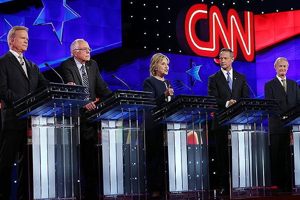 LAS VEGAS, NV - OCTOBER 13: (L-R) Democratic presidential candidates Jim Webb, U.S. Sen. Bernie Sanders (I-VT), Hillary Clinton, Martin O'Malley and Lincoln Chafee take part in presidential debate sponsored by CNN and Facebook at Wynn Las Vegas on October 13, 2015 in Las Vegas, Nevada. The five candidates are participating in the party's first presidential debate. (Photo by Joe Raedle/Getty Images)