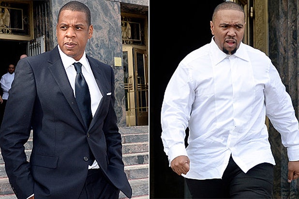LOS ANGELES CA - OCTOBER 14: Jay Z and Timbaland arrive at United States District Court to testify October 14, 2015 in Los Angeles, California. Jay Z and Timbaland are being accused of violating the copyright to Egyptian composer Baligh Hamdi's 1957 song 'Khosara Khosara' by allegedly misusing the music to create Jay Z's song 'Big Pimpin.' (Photo by Kevork S. Djansezian/Getty Images)