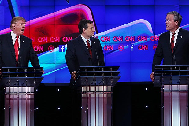 LAS VEGAS, NV - DECEMBER 15: Republican presidential candidates Donald Trump (L) and Jeb Bush (R) repond to each other as U.S. Sen. Ted Cruz (R-TX) listens during the CNN Republican presidential debate on December 15, 2015 in Las Vegas, Nevada. This is the last GOP debate of the year, with U.S. Sen. Ted Cruz (R-TX) gaining in the polls in Iowa and other early voting states and Donald Trump rising in national polls. (Photo by Justin Sullivan/Getty Images)
