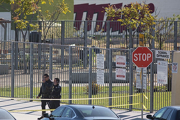 LOS ANGELES, CA - DECEMBER 15: Police converge on Edward R. Roybal Learning Center as all Los Angeles city schools are shut down after receiving a threat on December 15, 2015 in Los Angeles, California. A bomb threat against LAUSD schools was sent to various members of the Los Angeles school board late last night, according to LAPD Chief Charlie Beck. Local authorities immediately notified the FBI. (Photo by David McNew/Getty Images)