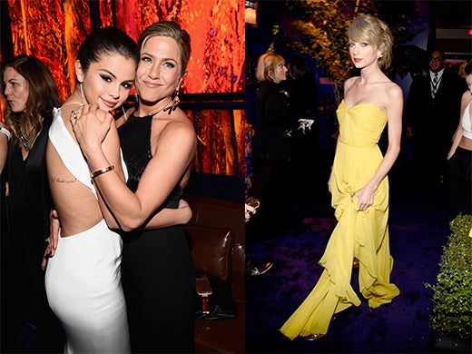 Selena Gomez and Jennifer Aniston embrace, as Taylor Swift cut through the WB Instyle Party last year. (Getty Images)