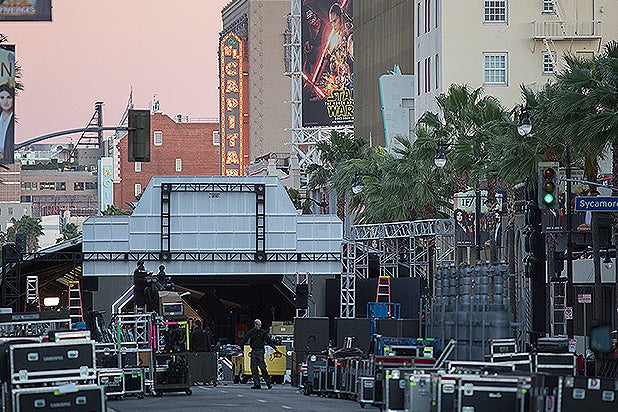 LOS ANGELES, CA - DECEMBER 12: Preparations are made on Hollywood Boulevard for the premiere of Walt Disney Pictures And Lucasfilm's 'Star Wars: The Force Awakens' on December 12, 2015 in the Hollywood section of Los Angeles, California. (Photo by David McNew/Getty Images)