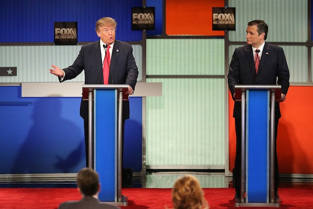 NORTH CHARLESTON, SC - JANUARY 14: Republican presidential candidates (L-R) Donald Trump and Sen. Ted Cruz (R-TX) participate in the Fox Business Network Republican presidential debate at the North Charleston Coliseum and Performing Arts Center on January 14, 2016 in North Charleston, South Carolina. The sixth Republican debate is held in two parts, one main debate for the top seven candidates, and another for three other candidates lower in the current polls. (Photo by Scott Olson/Getty Images)