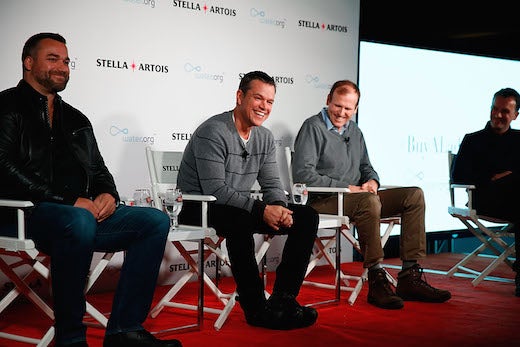 PARK CITY, UT - JANUARY 23: (L - R) Todd Allen, Global Vice President, Stella Artois, Water.org Co-Founders Matt Damon and Gary White, and Sean Bailey, Sundance Institute Board member participated in a panel session hosted by Stella Artois on January 23, 2016 in Park City, Utah, regarding the current global water crisis and what needs to be done to end the long water collection journeys many women in developing countries have to make each day. (Photo by Rick Kern/Getty Images for Stella Artois)
