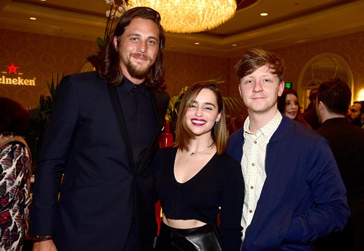 LOS ANGELES, CA - JANUARY 09: (EXCLUSIVE COVERAGE) (L-R) Actors Sam Heughan, Emilia Clarke and Mike Noble attend the BAFTA Los Angeles Awards Season Tea at Four Seasons Hotel Los Angeles at Beverly Hills on January 9, 2016 in Los Angeles, California. (Photo by Frazer Harrison/BAFTA LA/Getty Images for BAFTA LA)