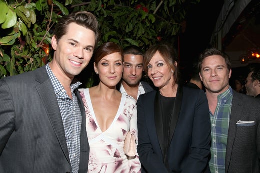 LOS ANGELES, CA - FEBRUARY 25: (L-R) Actors Andrew Rannells, Kate Walsh, Philip Joncas, Allison Janney and Michael Doyle attend the Cadillac Oscars Week Celebration at Chateau Marmont on February 25, 2016 in Los Angeles, California. (Photo by Jonathan Leibson/Getty Images for Cadillac)