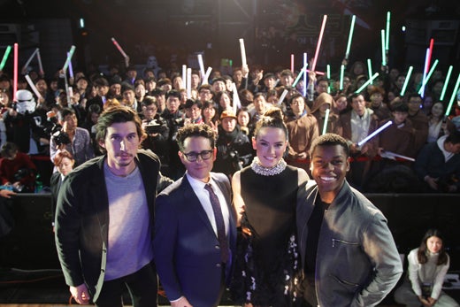 SEOUL, SOUTH KOREA - DECEMBER 09: (L to R) Actor Adam Driver, director J.J. Abrams, actress Daisy Ridley and actor John Boyega attend the event for fans ahead of 'Star Wars: The Force Awakens' South Korea premiere at the Octagon on December 9, 2015 in Seoul, South Korea. (Photo by Chung Sung-Jun/Getty Images for Walt Disney Studios)