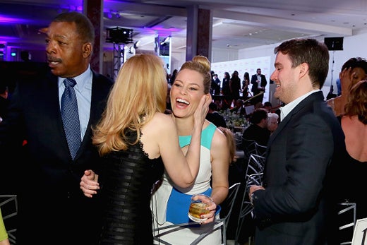 BEVERLY HILLS, CA - FEBRUARY 08: (L-R) Actors Patricia Clarkson, Elizabeth Banks, and author Max Handelman attend AARP's Movie For GrownUps Awards at the Beverly Wilshire Four Seasons Hotel on February 8, 2016 in Beverly Hills, California. (Photo by Gabriel Olsen/Getty Images for AARP)