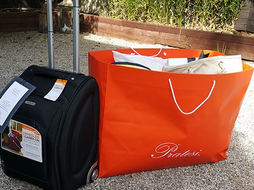 Madison and Mulholland's orange gift bag will definitely not be carry-on luggage. It's huge. The rollaway on the left should fit.