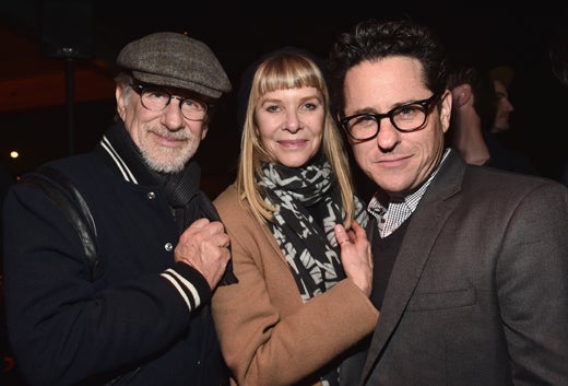 SANTA MONICA, CA - FEBRUARY 25: (L-R) Director Steven Spielberg, Kate Capshaw and director J.J. Abrams attend the Oscar Wilde Awards at Bad Robot on February 25, 2016 in Santa Monica, California. (Photo by Alberto E. Rodriguez/Getty Images for US-Ireland Alliance)