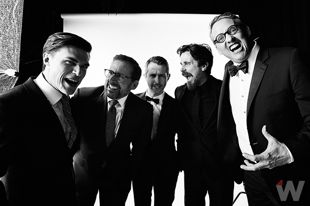 Finn Wittrock, Steve Carell, Jeremy Strong, Christian Bale, and Adam McKay