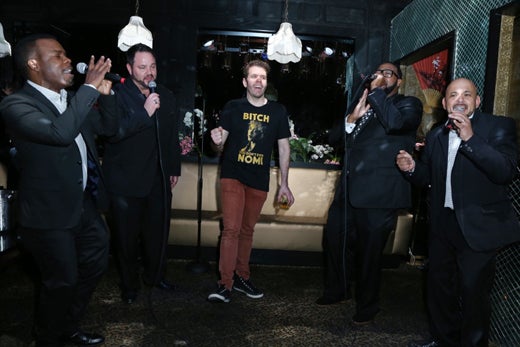 The group behind ballad "I Swear" (All For One) crooned for the Queen of All Media at his birthday bash at Blind Dragon on Thursday, March 24, 2016. (Faye Sedou).